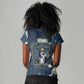 Bennu Ancient Egyptian Women V-Neck T-Shirt with Deep Blue Ink Wash, Winged Bennu Bird and Soul of Ra - African Pride