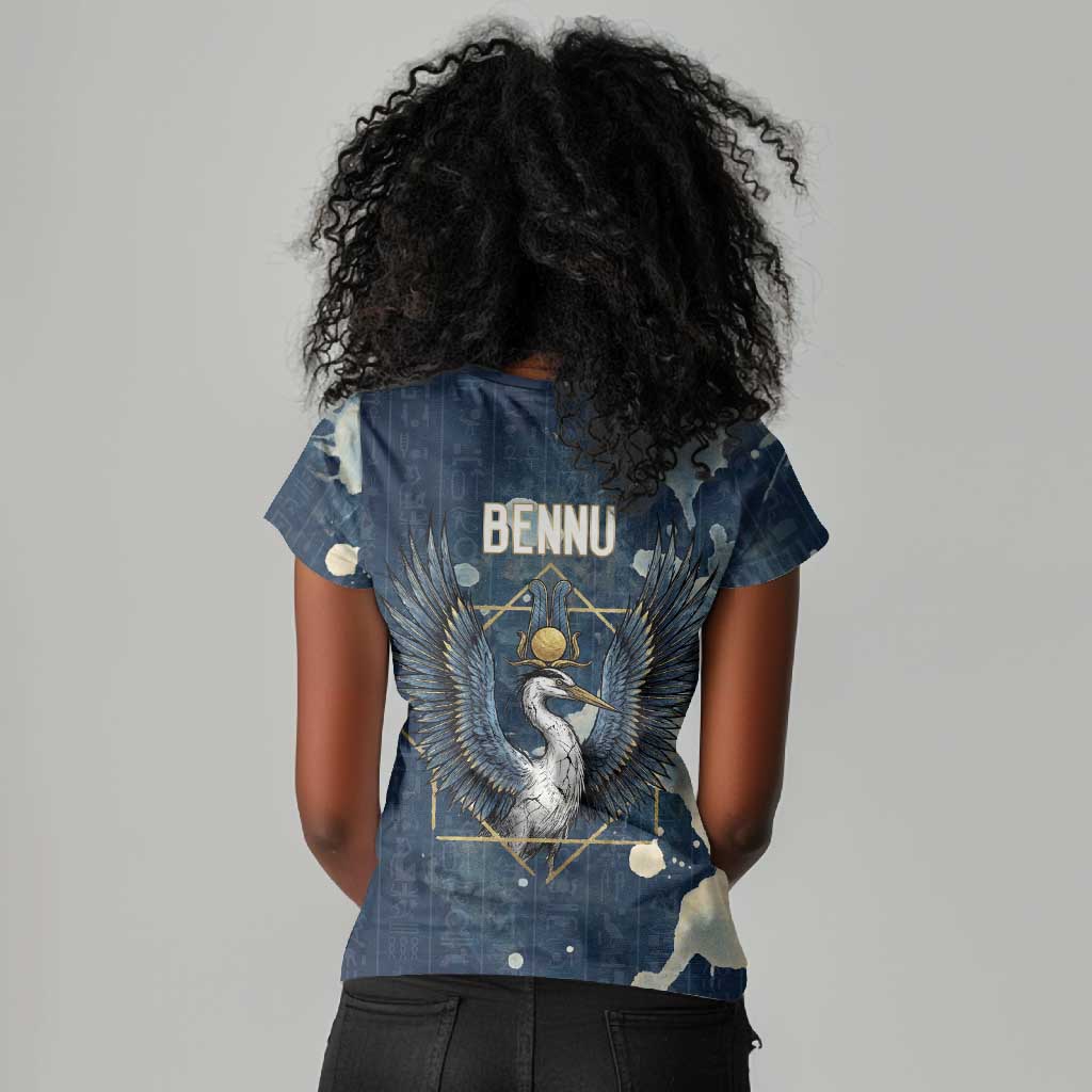 Bennu Ancient Egyptian Women V-Neck T-Shirt with Deep Blue Ink Wash, Winged Bennu Bird and Soul of Ra - African Pride