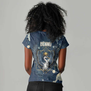 Bennu Ancient Egyptian Women V-Neck T-Shirt with Deep Blue Ink Wash, Winged Bennu Bird and Soul of Ra - African Pride