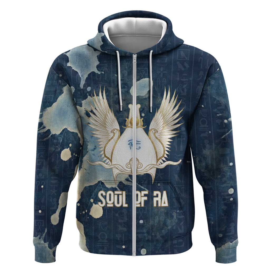Bennu Ancient Egyptian Zip Hoodie with Deep Blue Ink Wash, Winged Bennu Bird and Soul of Ra - African Pride