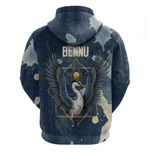 Bennu Ancient Egyptian Zip Hoodie with Deep Blue Ink Wash, Winged Bennu Bird and Soul of Ra - African Pride