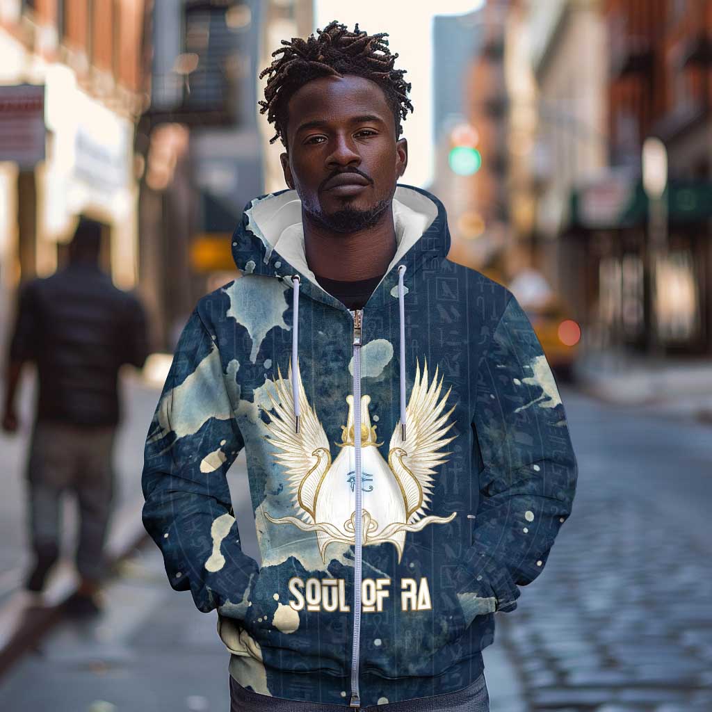 Bennu Ancient Egyptian Zip Hoodie with Deep Blue Ink Wash, Winged Bennu Bird and Soul of Ra - African Pride