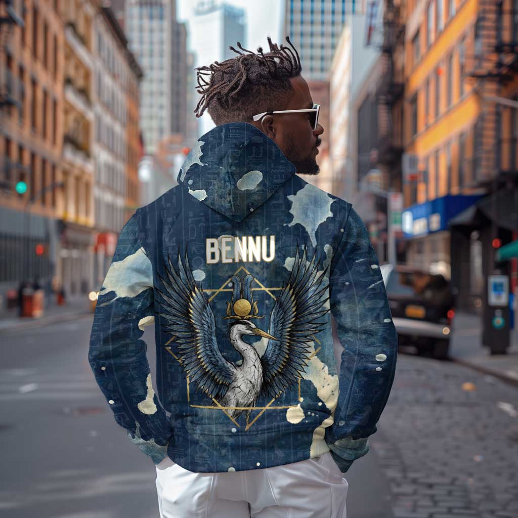 Bennu Ancient Egyptian Zip Hoodie with Deep Blue Ink Wash, Winged Bennu Bird and Soul of Ra - African Pride