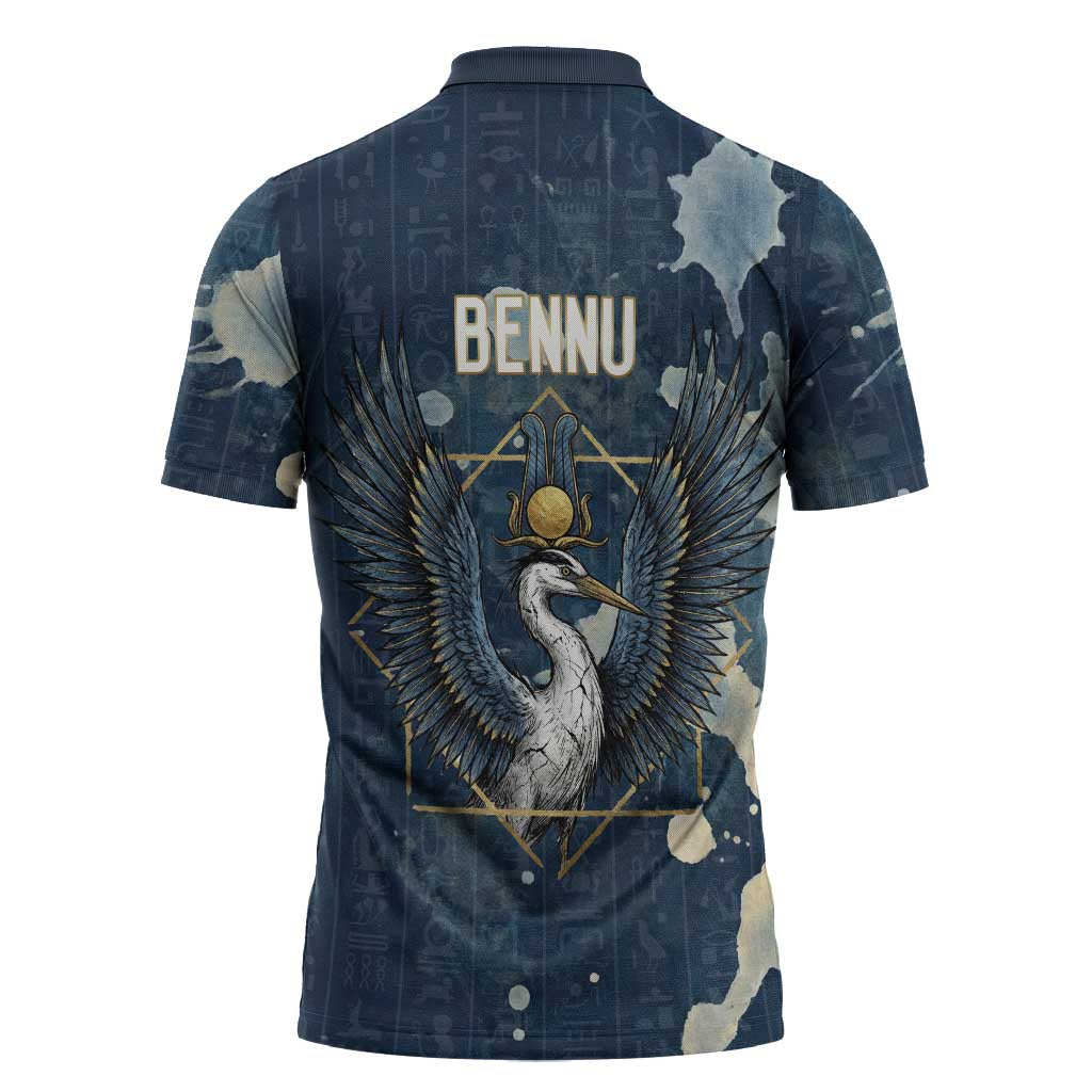 Bennu Ancient Egyptian Zipper Polo Shirt with Deep Blue Ink Wash, Winged Bennu Bird and Soul of Ra - African Pride