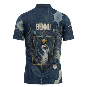 Bennu Ancient Egyptian Zipper Polo Shirt with Deep Blue Ink Wash, Winged Bennu Bird and Soul of Ra - African Pride