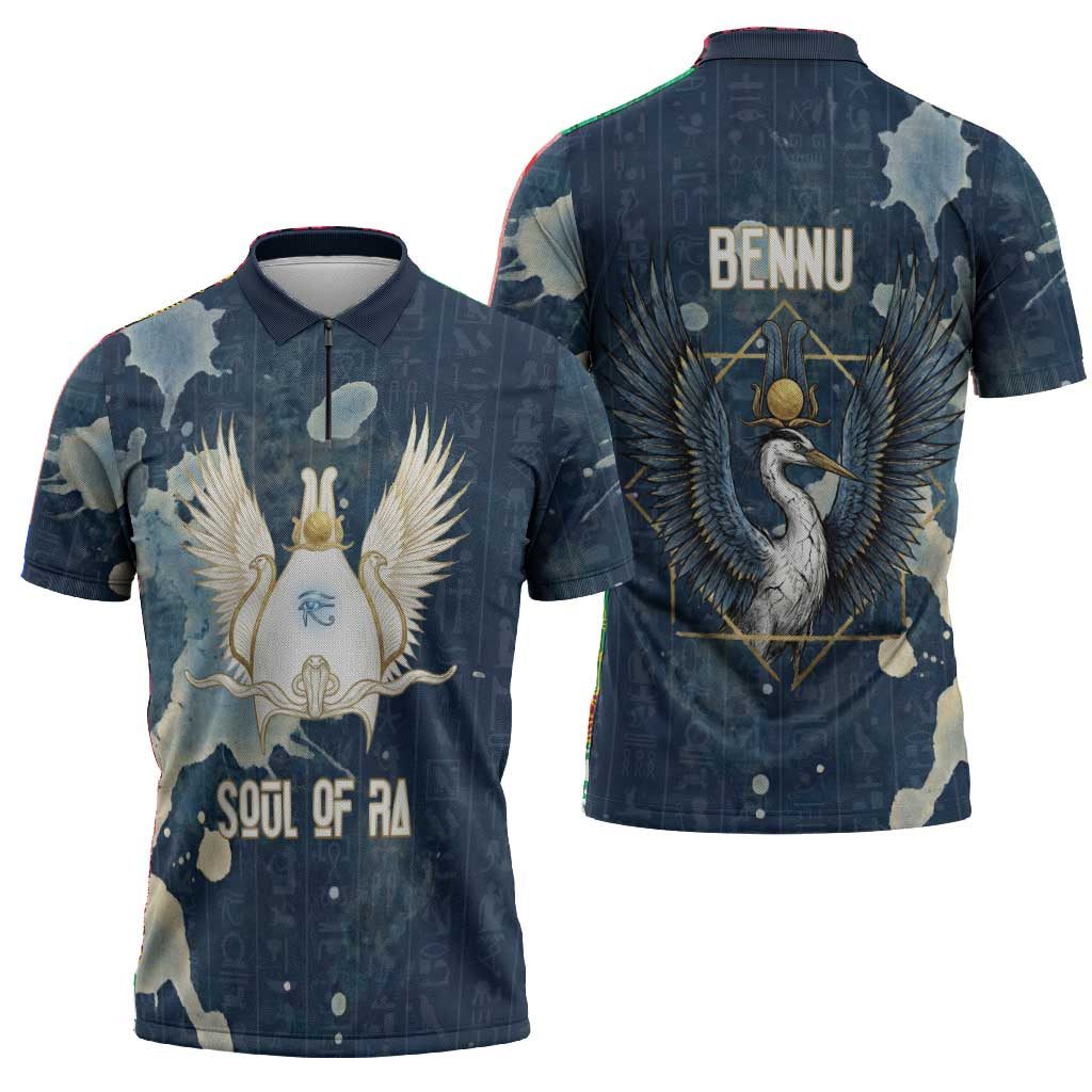 Bennu Ancient Egyptian Zipper Polo Shirt with Deep Blue Ink Wash, Winged Bennu Bird and Soul of Ra - African Pride