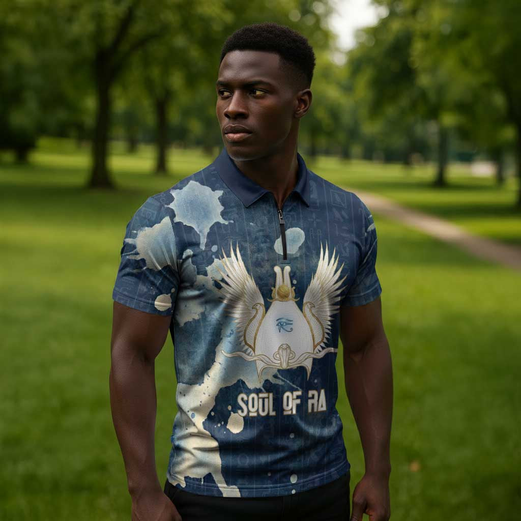 Bennu Ancient Egyptian Zipper Polo Shirt with Deep Blue Ink Wash, Winged Bennu Bird and Soul of Ra - African Pride