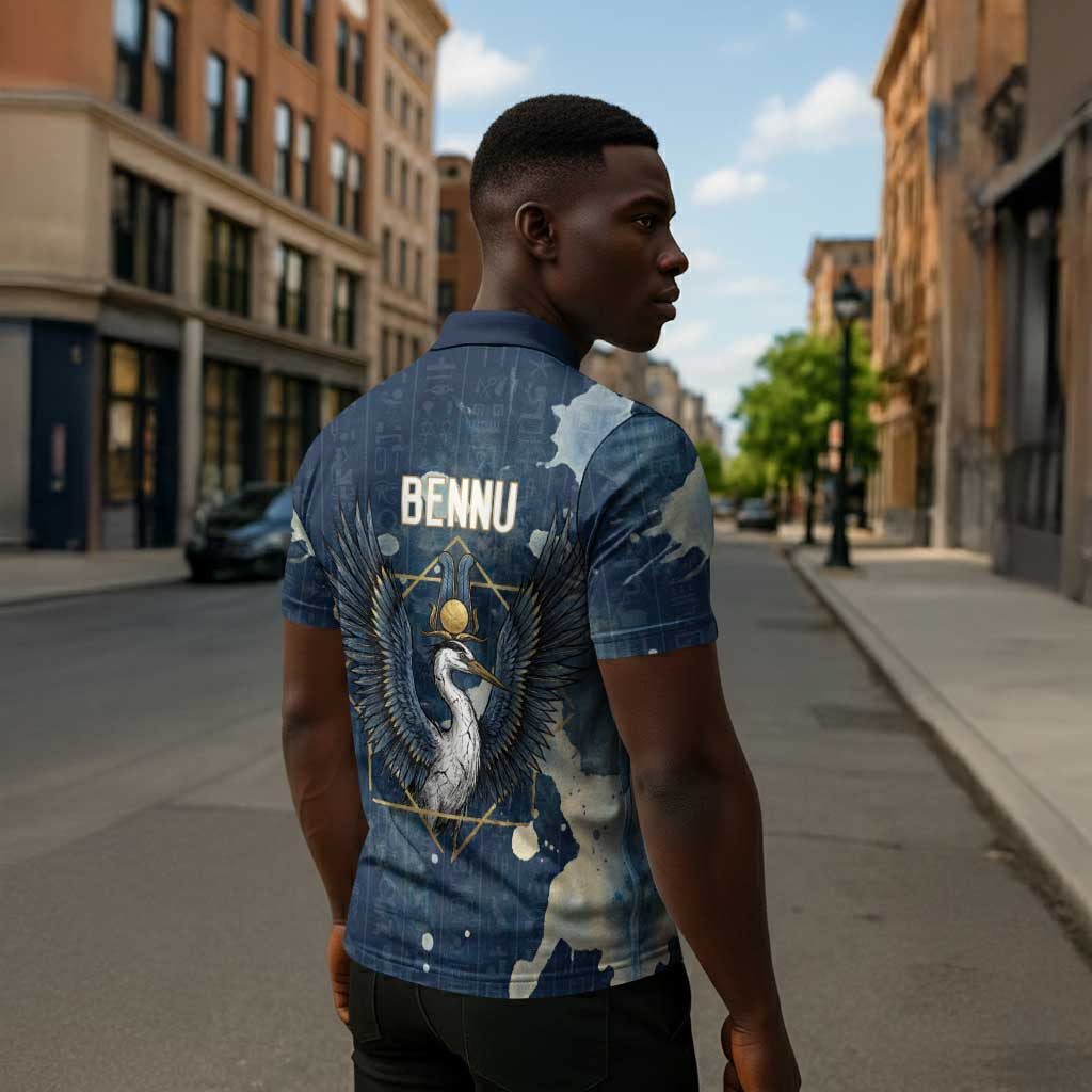 Bennu Ancient Egyptian Zipper Polo Shirt with Deep Blue Ink Wash, Winged Bennu Bird and Soul of Ra - African Pride