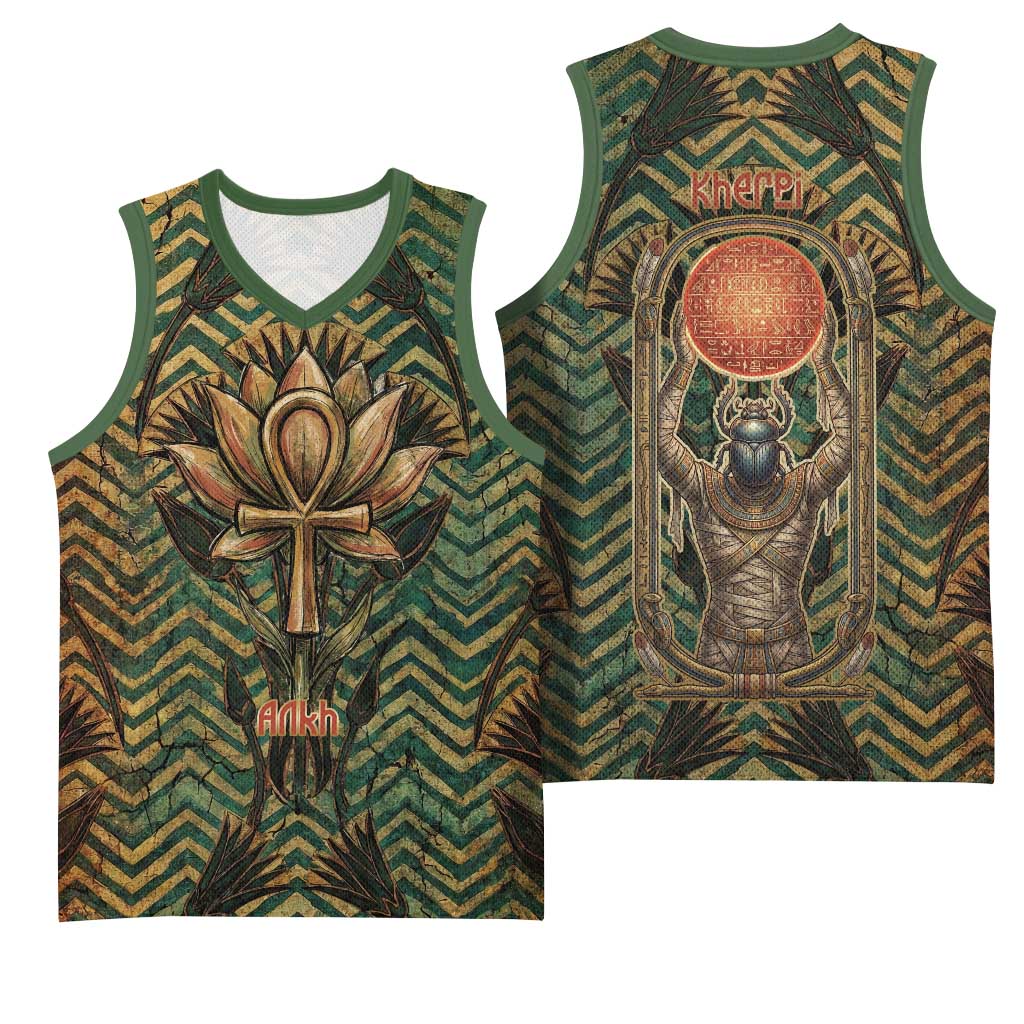 Khepri Basketball Jersey Ancient Egyptian Chevron, Scarab Ankh and Winged Khepri Guardian Motif - African Pride
