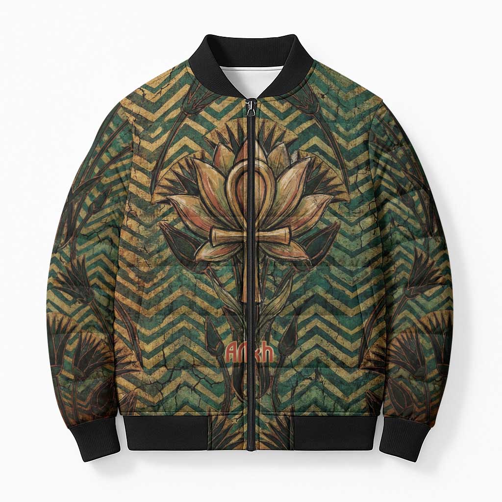 Khepri Bomber Puffer Jacket Ancient Egyptian Chevron, Scarab Ankh and Winged Khepri Guardian Motif - African Pride