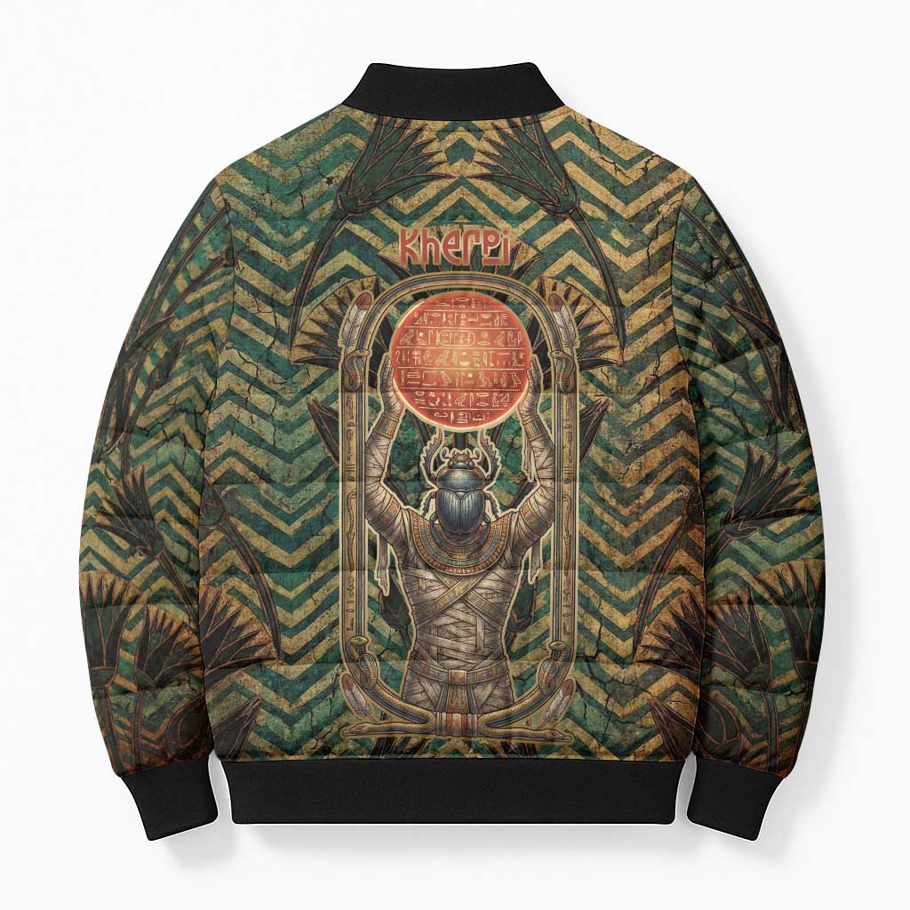 Khepri Bomber Puffer Jacket Ancient Egyptian Chevron, Scarab Ankh and Winged Khepri Guardian Motif - African Pride