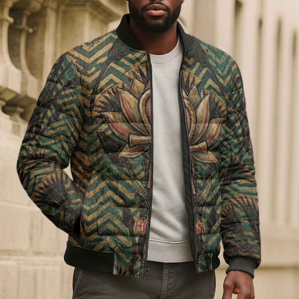 Khepri Bomber Puffer Jacket Ancient Egyptian Chevron, Scarab Ankh and Winged Khepri Guardian Motif - African Pride