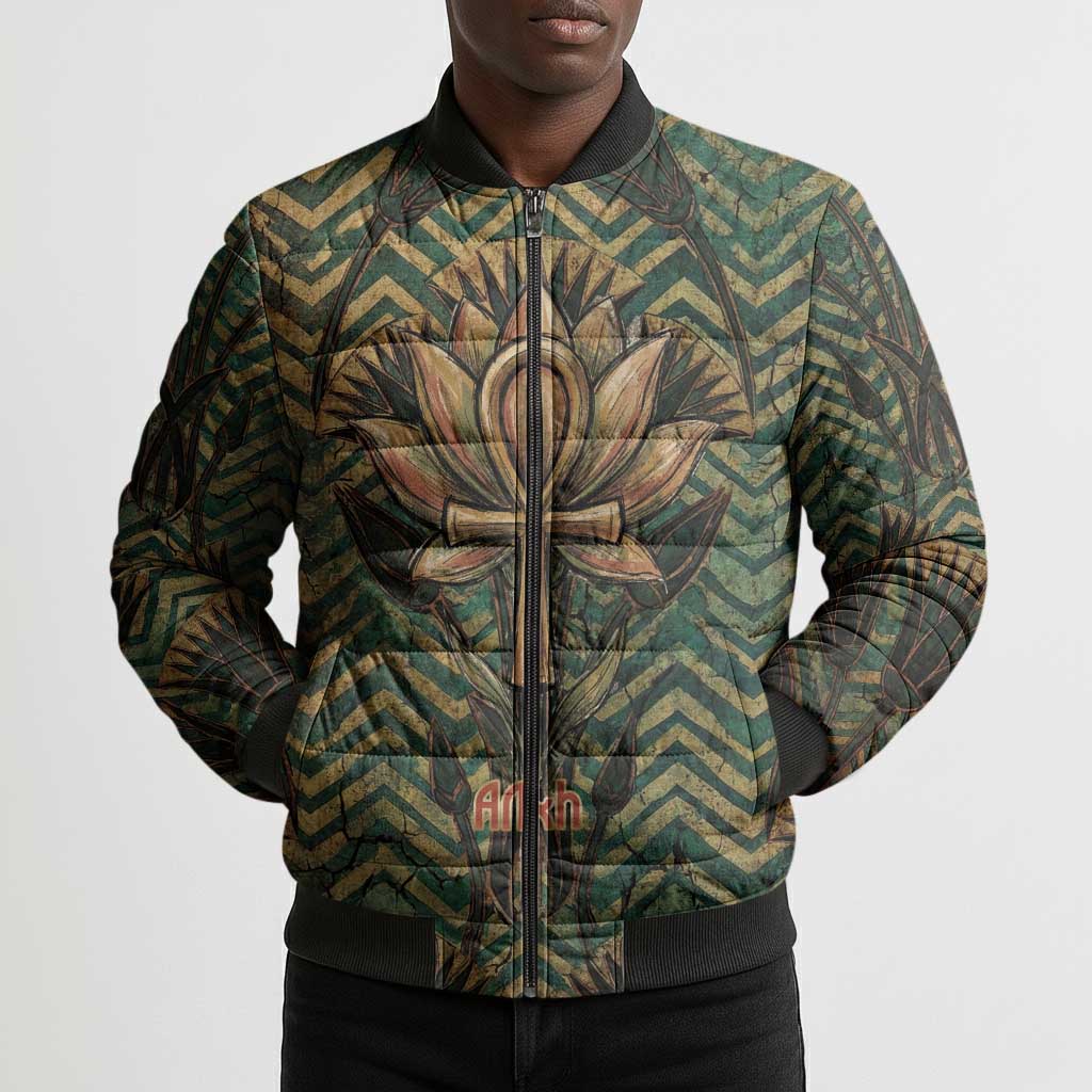 Khepri Bomber Puffer Jacket Ancient Egyptian Chevron, Scarab Ankh and Winged Khepri Guardian Motif - African Pride
