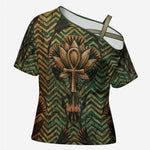 Khepri Cross Shoulder Shirt Ancient Egyptian Chevron, Scarab Ankh and Winged Khepri Guardian Motif - African Pride