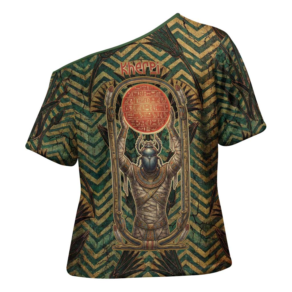 Khepri Cross Shoulder Shirt Ancient Egyptian Chevron, Scarab Ankh and Winged Khepri Guardian Motif - African Pride
