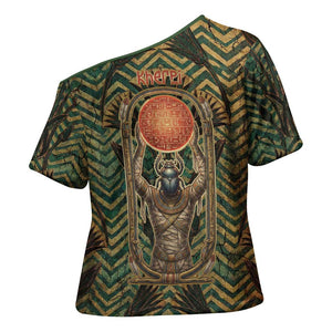 Khepri Cross Shoulder Shirt Ancient Egyptian Chevron, Scarab Ankh and Winged Khepri Guardian Motif - African Pride