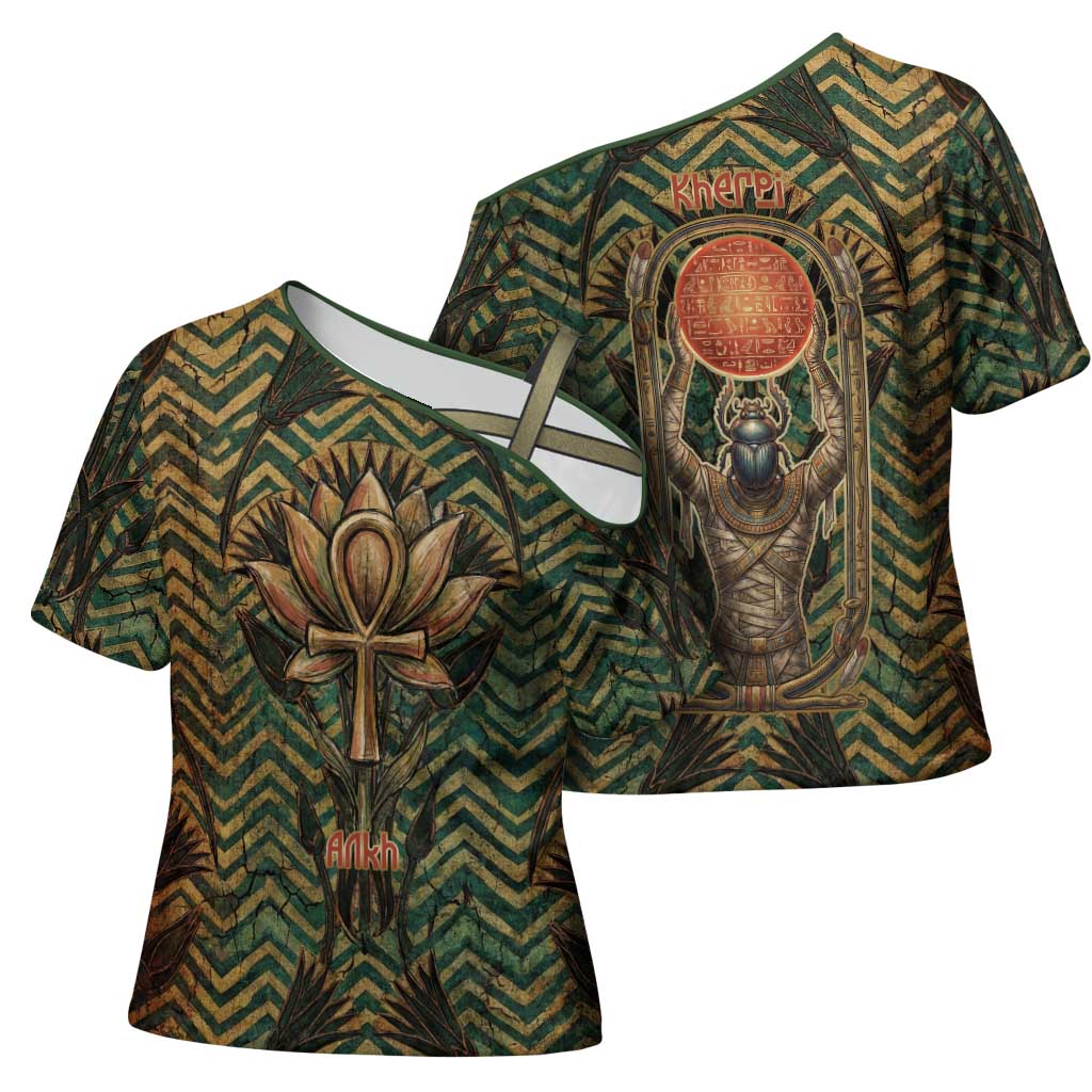 Khepri Cross Shoulder Shirt Ancient Egyptian Chevron, Scarab Ankh and Winged Khepri Guardian Motif - African Pride