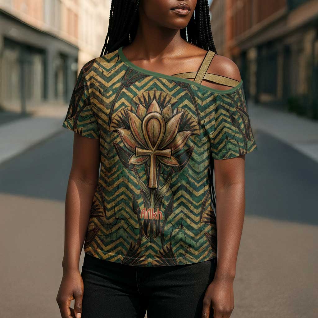 Khepri Cross Shoulder Shirt Ancient Egyptian Chevron, Scarab Ankh and Winged Khepri Guardian Motif - African Pride