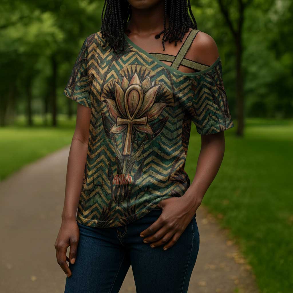 Khepri Cross Shoulder Shirt Ancient Egyptian Chevron, Scarab Ankh and Winged Khepri Guardian Motif - African Pride