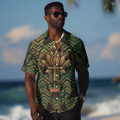 Khepri Hawaiian Shirt Ancient Egyptian Chevron, Scarab Ankh and Winged Khepri Guardian Motif - African Pride