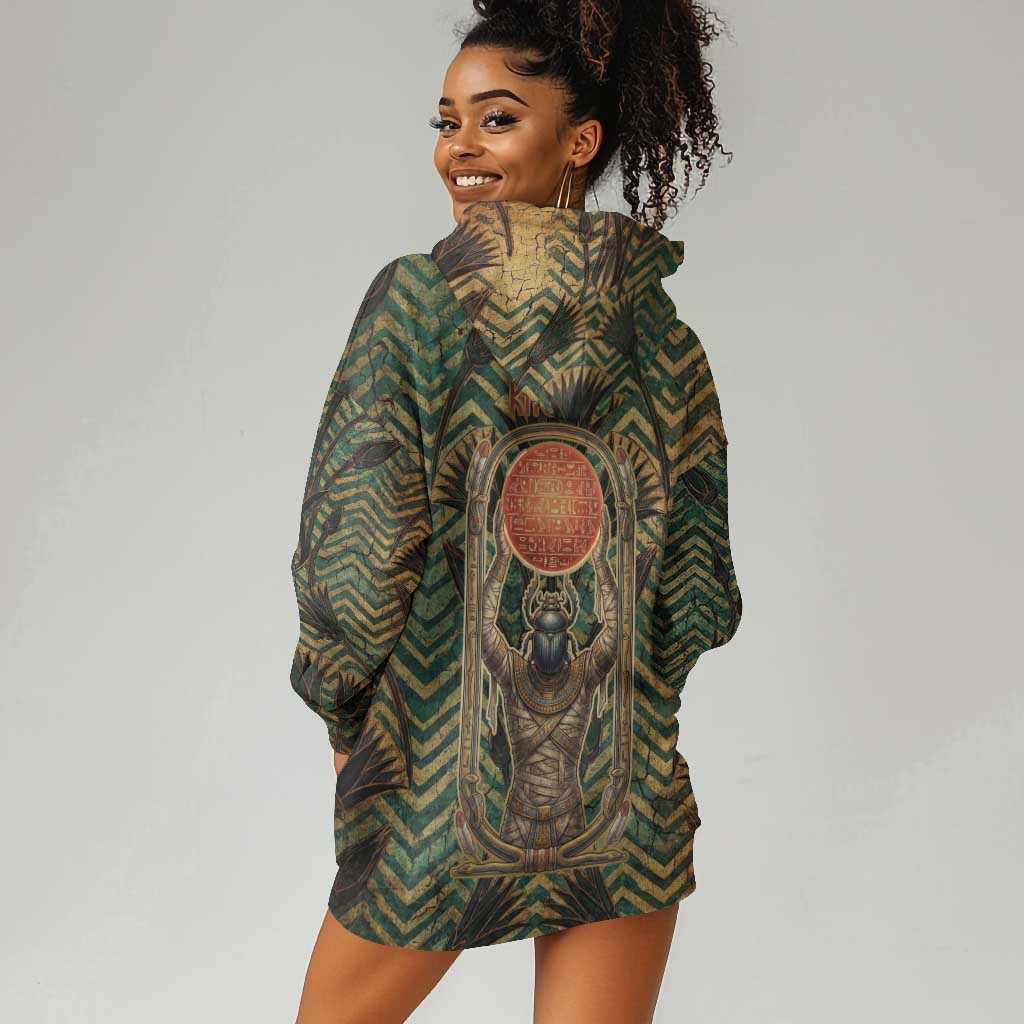 Khepri Hoodie Dress Ancient Egyptian Chevron, Scarab Ankh and Winged Khepri Guardian Motif - African Pride