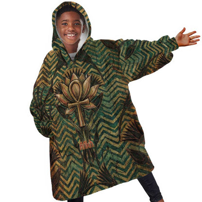 Khepri Kid Wearable Blanket Hoodie Ancient Egyptian Chevron, Scarab Ankh and Winged Khepri Guardian Motif - African Pride
