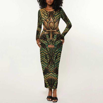 Khepri Long Sleeve Bodycon Dress Ancient Egyptian Chevron, Scarab Ankh and Winged Khepri Guardian Motif - African Pride