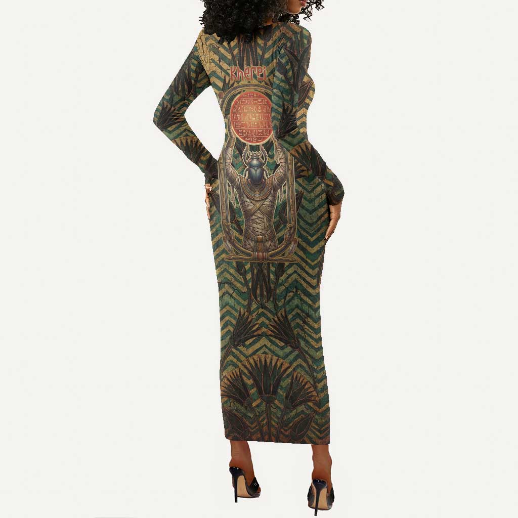 Khepri Long Sleeve Bodycon Dress Ancient Egyptian Chevron, Scarab Ankh and Winged Khepri Guardian Motif - African Pride