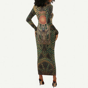 Khepri Long Sleeve Bodycon Dress Ancient Egyptian Chevron, Scarab Ankh and Winged Khepri Guardian Motif - African Pride