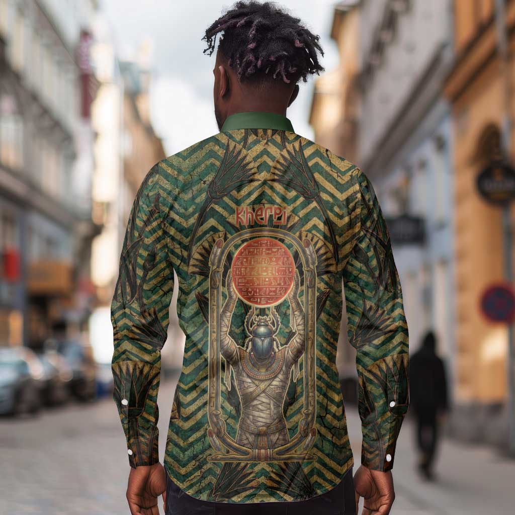 Khepri Long Sleeve Button Shirt Ancient Egyptian Chevron, Scarab Ankh and Winged Khepri Guardian Motif - African Pride