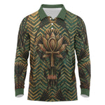 Khepri Long Sleeve Polo Shirt Ancient Egyptian Chevron, Scarab Ankh and Winged Khepri Guardian Motif - African Pride