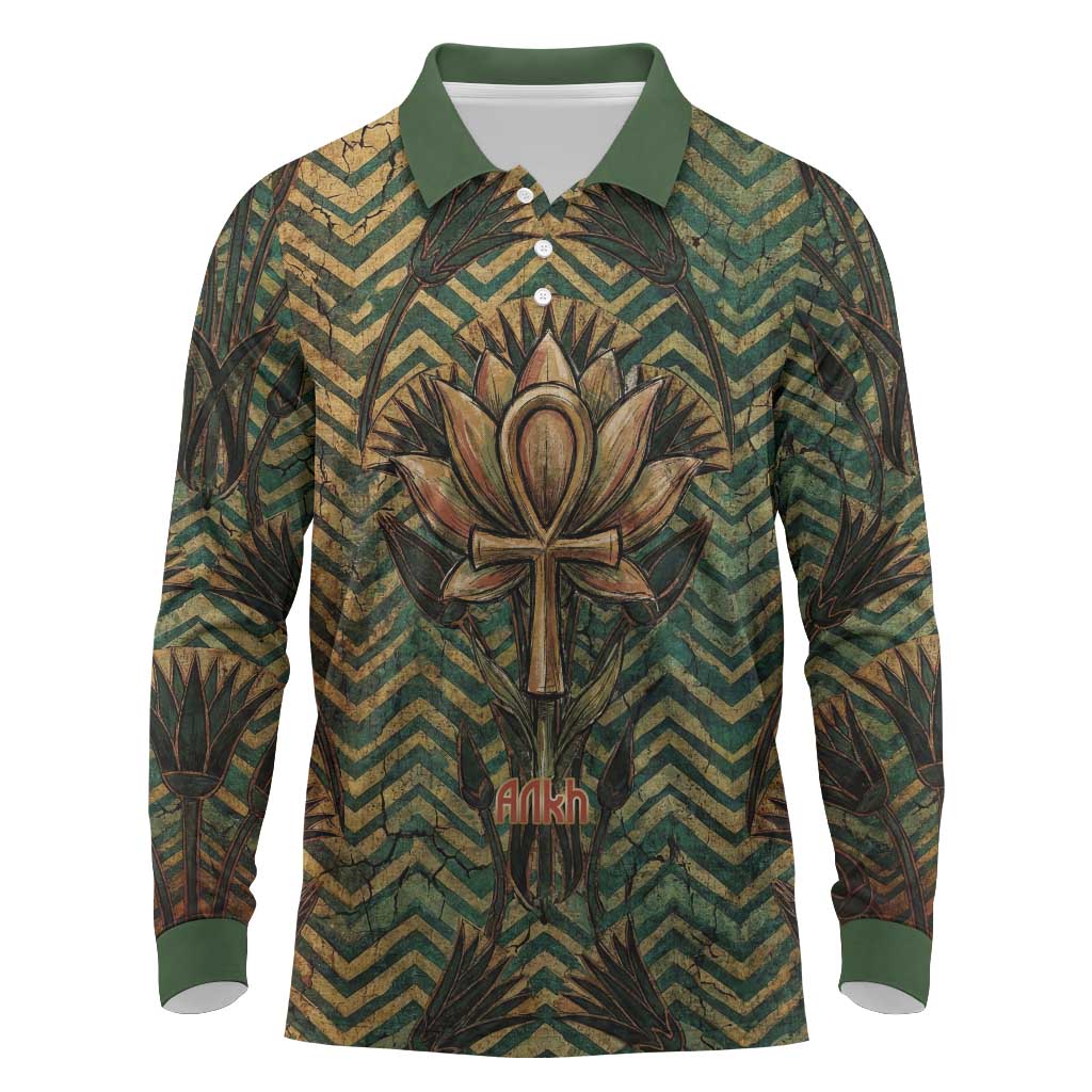Khepri Long Sleeve Polo Shirt Ancient Egyptian Chevron, Scarab Ankh and Winged Khepri Guardian Motif - African Pride