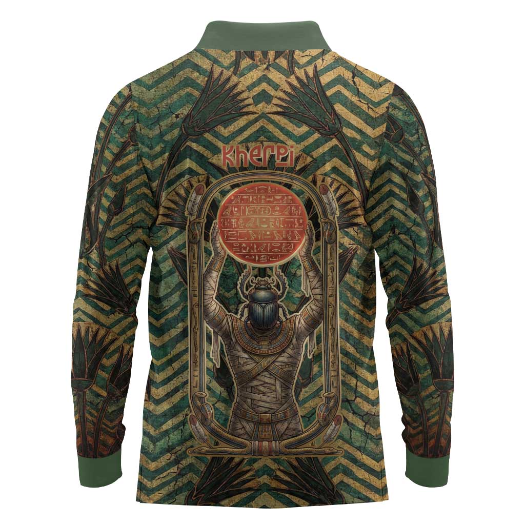 Khepri Long Sleeve Polo Shirt Ancient Egyptian Chevron, Scarab Ankh and Winged Khepri Guardian Motif - African Pride
