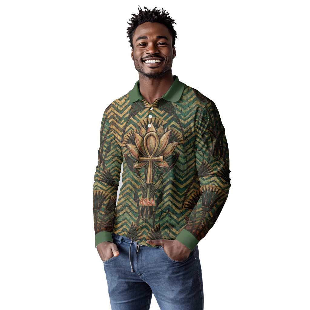 Khepri Long Sleeve Polo Shirt Ancient Egyptian Chevron, Scarab Ankh and Winged Khepri Guardian Motif - African Pride