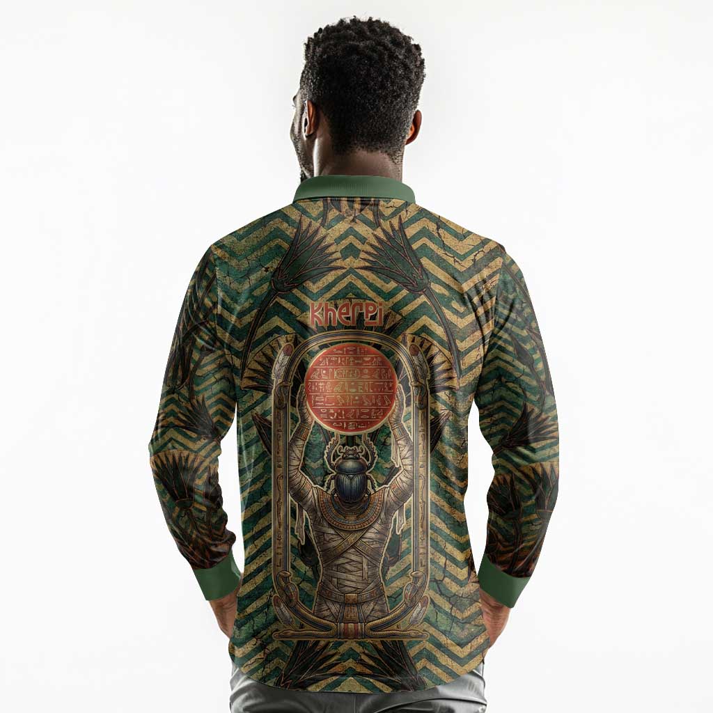 Khepri Long Sleeve Polo Shirt Ancient Egyptian Chevron, Scarab Ankh and Winged Khepri Guardian Motif - African Pride