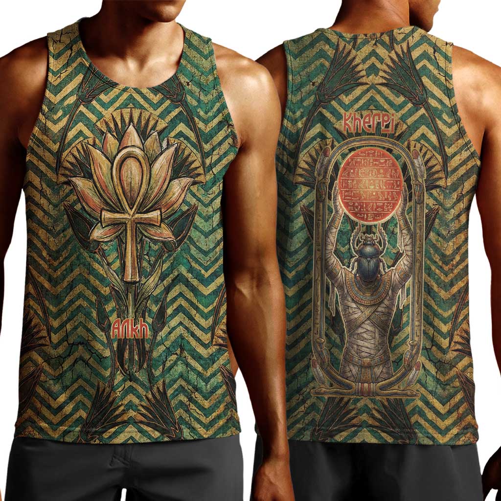 Khepri Men Tank Top Ancient Egyptian Chevron, Scarab Ankh and Winged Khepri Guardian Motif - African Pride