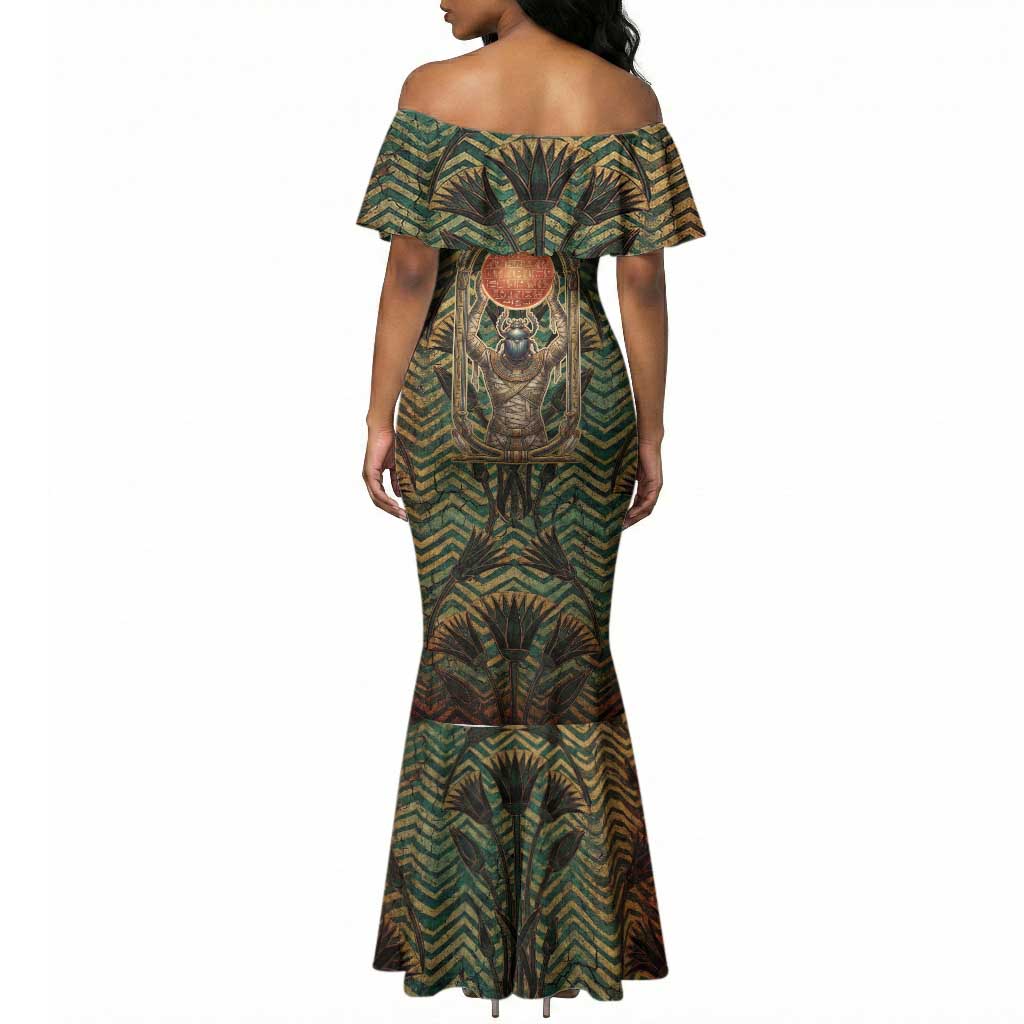 Khepri Mermaid Dress Ancient Egyptian Chevron, Scarab Ankh and Winged Khepri Guardian Motif - African Pride