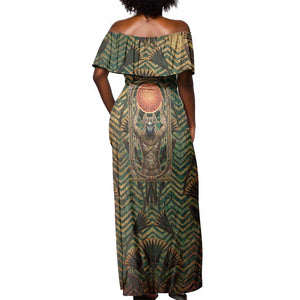 Khepri Off Shoulder Maxi Dress Ancient Egyptian Chevron, Scarab Ankh and Winged Khepri Guardian Motif - African Pride