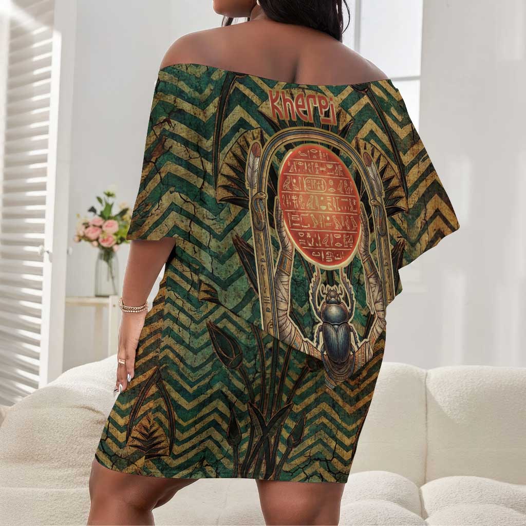 Khepri Off Shoulder Short Dress Ancient Egyptian Chevron, Scarab Ankh and Winged Khepri Guardian Motif - African Pride