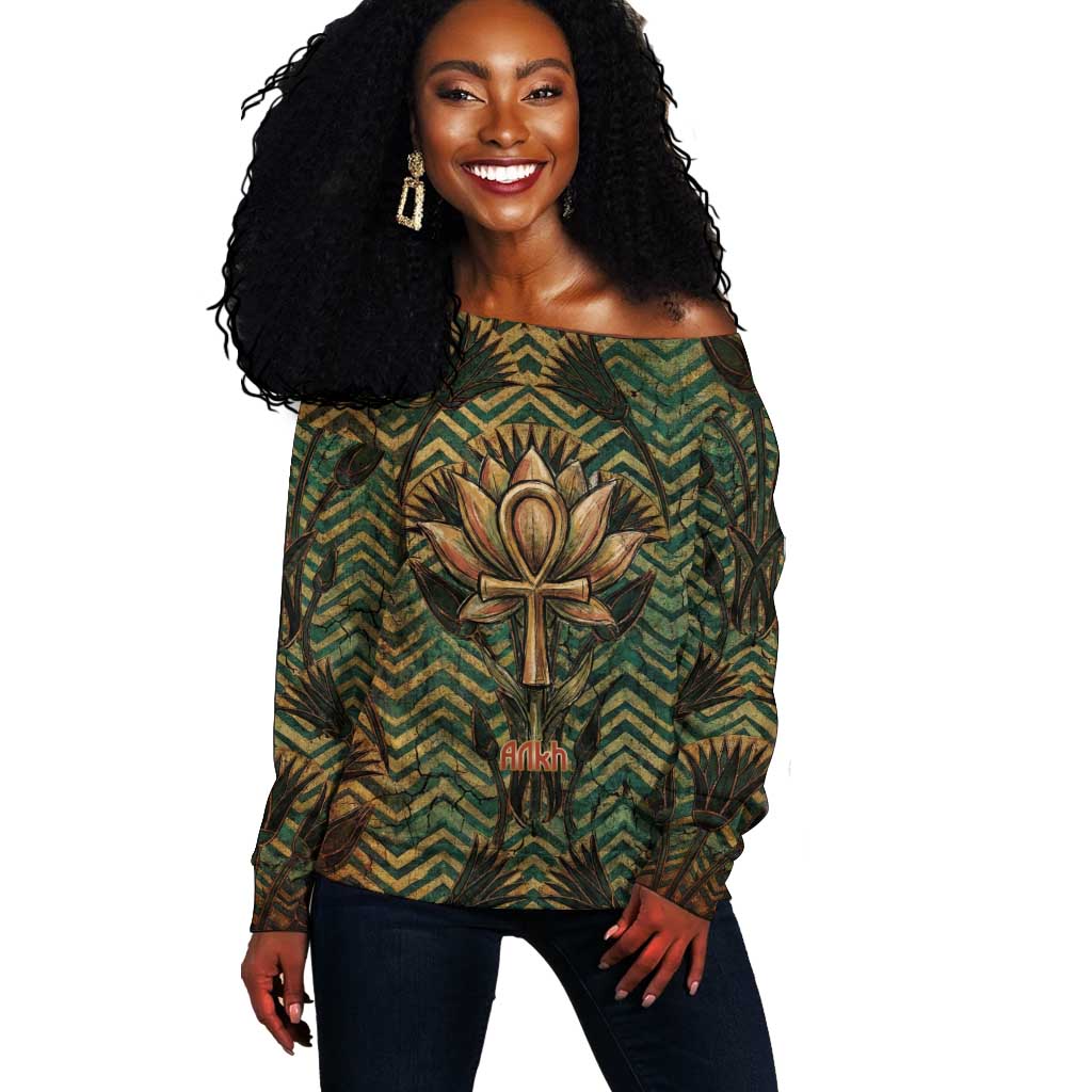 Khepri Off Shoulder Sweater Ancient Egyptian Chevron, Scarab Ankh and Winged Khepri Guardian Motif - African Pride
