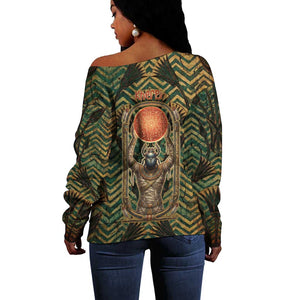 Khepri Off Shoulder Sweater Ancient Egyptian Chevron, Scarab Ankh and Winged Khepri Guardian Motif - African Pride
