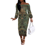 Khepri Off The Shoulder Long Sleeve Dress Ancient Egyptian Chevron, Scarab Ankh and Winged Khepri Guardian Motif - African Pride