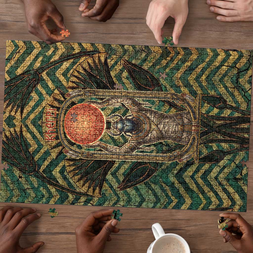 Khepri Puzzle Ancient Egyptian Chevron, Scarab Ankh and Winged Khepri Guardian Motif - African Pride