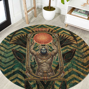 Khepri Round Carpet Ancient Egyptian Chevron, Scarab Ankh and Winged Khepri Guardian Motif - African Pride