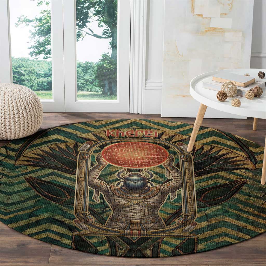 Khepri Round Carpet Ancient Egyptian Chevron, Scarab Ankh and Winged Khepri Guardian Motif - African Pride