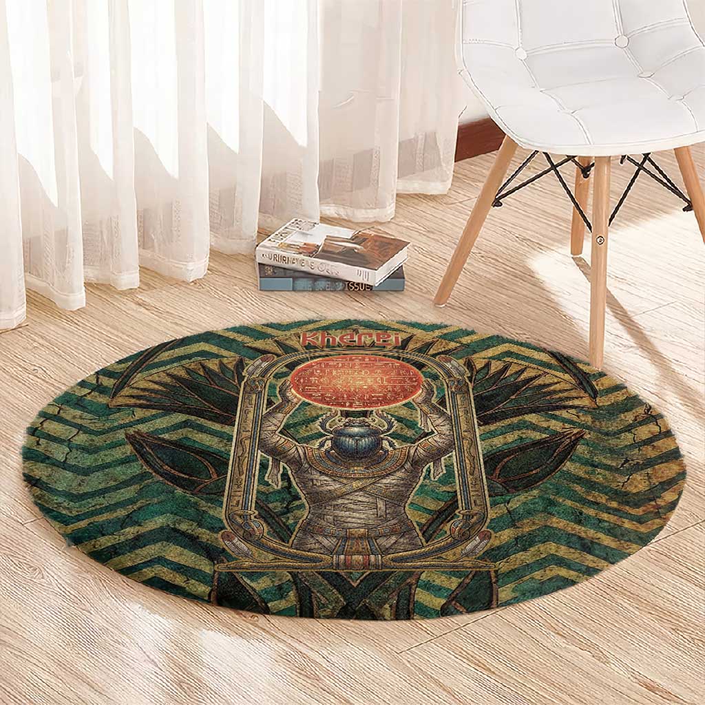 Khepri Round Carpet Ancient Egyptian Chevron, Scarab Ankh and Winged Khepri Guardian Motif - African Pride