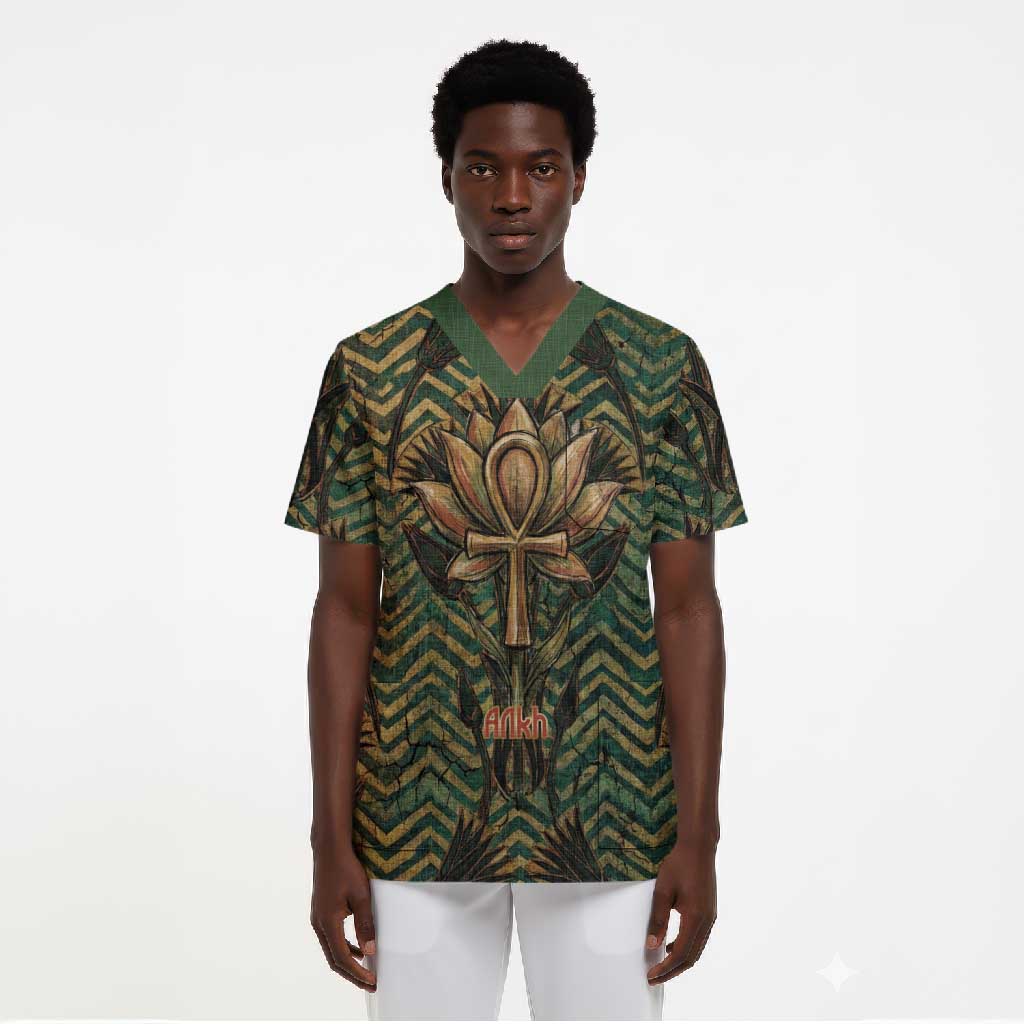Khepri Scrub Top Ancient Egyptian Chevron, Scarab Ankh and Winged Khepri Guardian Motif - African Pride