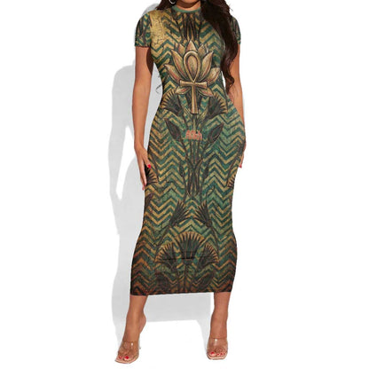 Khepri Short Sleeve Bodycon Dress Ancient Egyptian Chevron, Scarab Ankh and Winged Khepri Guardian Motif - African Pride