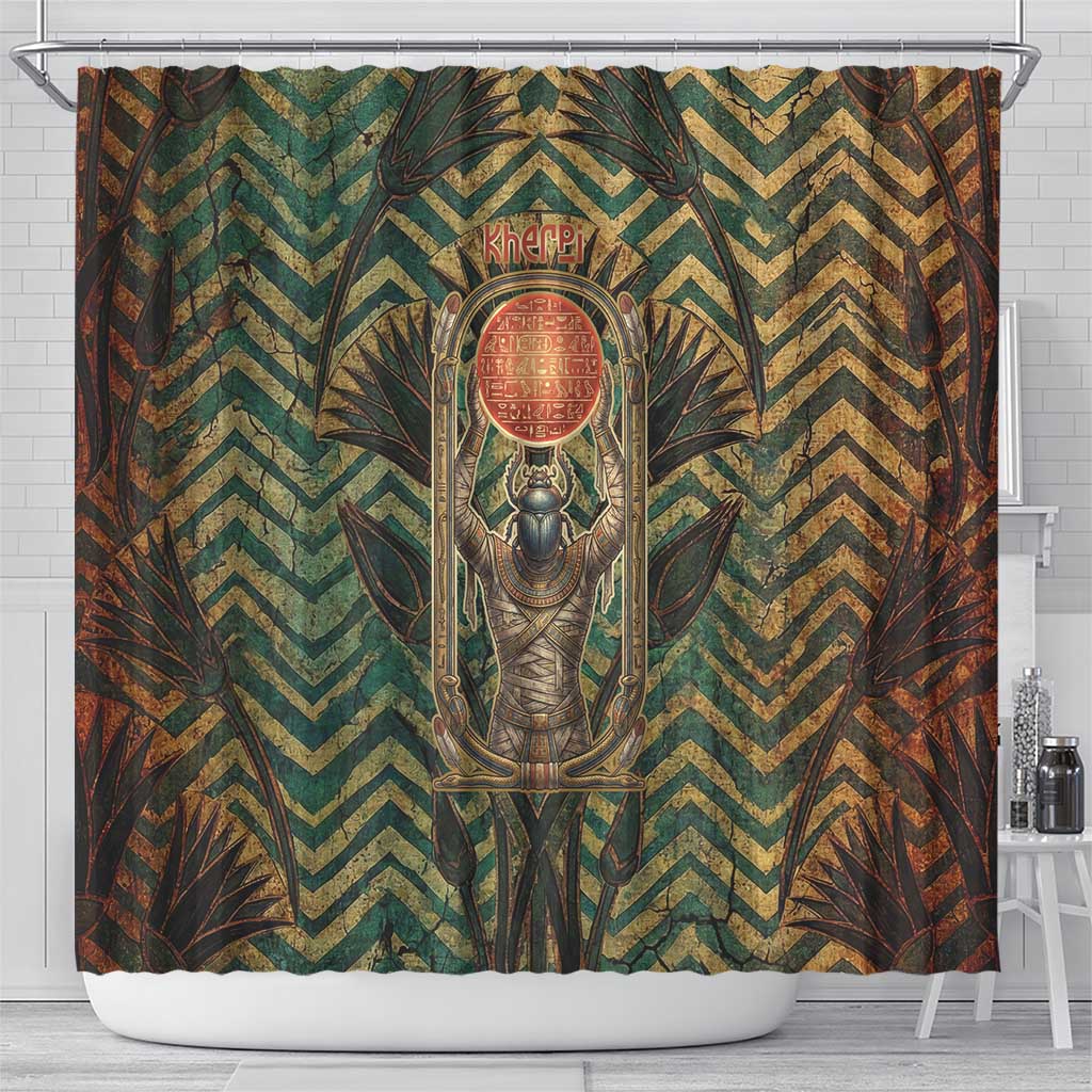 Khepri Shower Curtain Ancient Egyptian Chevron, Scarab Ankh and Winged Khepri Guardian Motif - African Pride