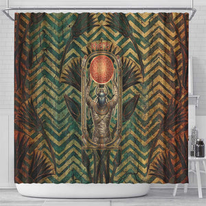 Khepri Shower Curtain Ancient Egyptian Chevron, Scarab Ankh and Winged Khepri Guardian Motif - African Pride